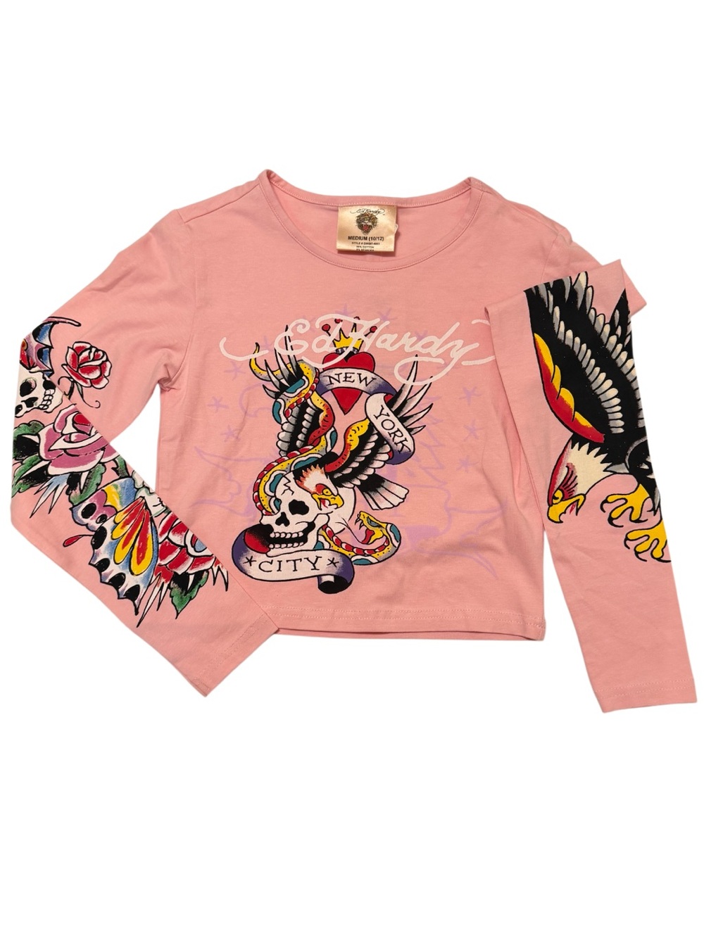 Ed Hardy Girls' Pink Graphic Long-Sleeve Crop Tee